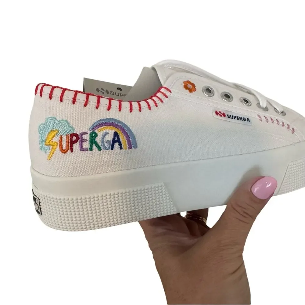 NEW Superga Happy Logo Womens White Sneakers. Colorful Embroidery Canvas Size 8 - Picture 1 of 11
